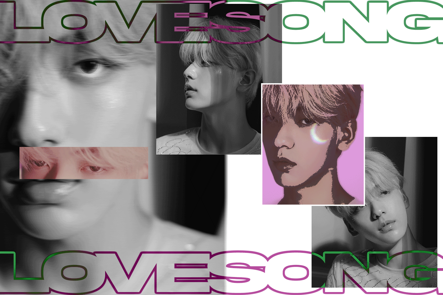 An animated poster of a collage of (TXT) Soobin's portrait. All picutres are taken from TXT's The Name Chapter: Temptation "Lullaby" Concept Photo. The poster is colored black and white, with the text "LOVESONG" highlighted in fuschia-green outline.